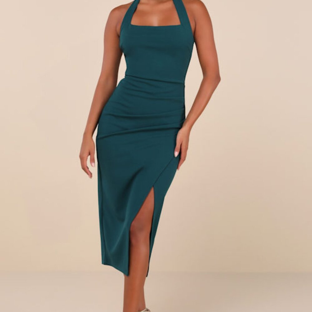 Lulus Prominent Charm Emerald Halter Bodycon Tulip Midi Dress Green - Size M